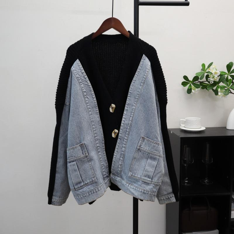 Fake Two-piece Splicing Denim Knitted Cardigan Autumn and Winter New Loose Design Sweater Jacket Women