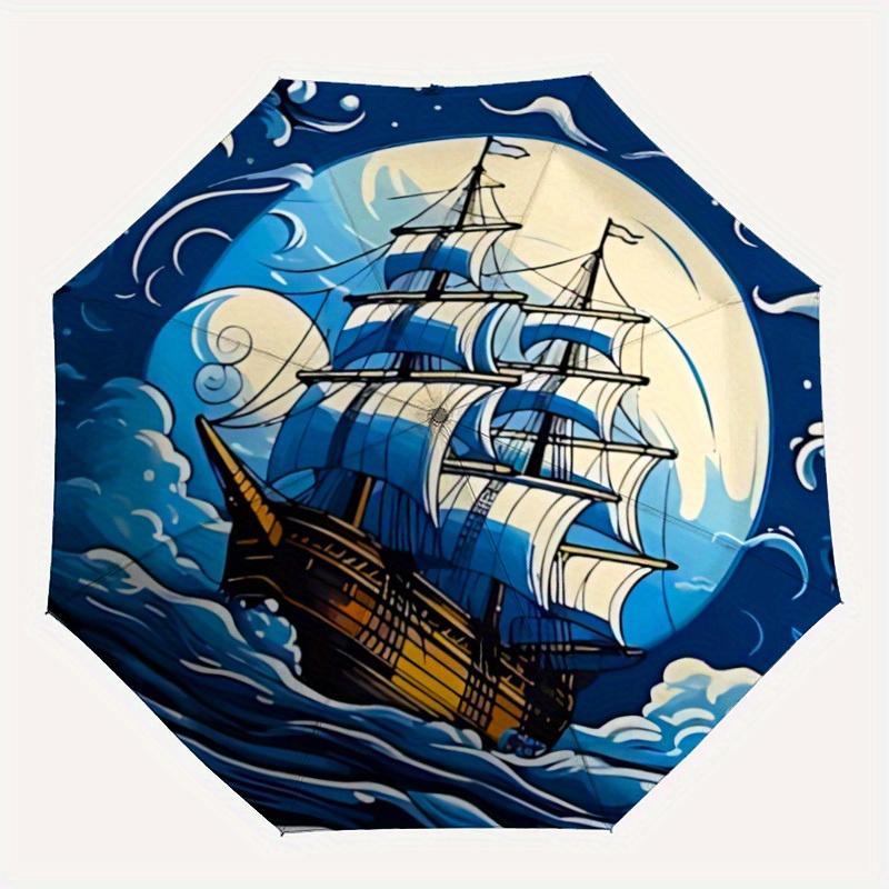 

1pc Sailboat Ocean Automatic Open/close, Heavy-Duty Iron Frame & 8-Rib structure, Compact Folding Umbrella for Women/Men, All-Season Travel, Halloween