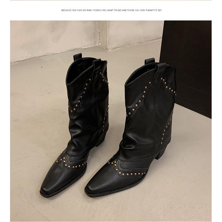 

Xiaoxiangfeng short boots black western cowboy boots high heel wasteland Martin boots women s shoes trendy single boots knight boots 35