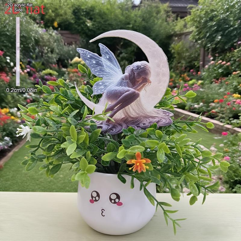2D Flat Acrylic Moon Fairy Garden Stake Wooden Sign, Outdoor Gardens and Potted Landscapes Signs, Suitable for Wall Decoration, Porch, Room, Villa, Ac