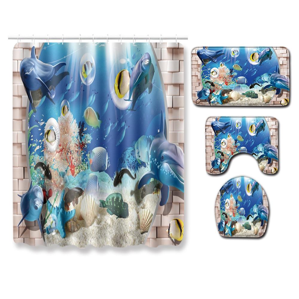 Fashion Sea World Dolphin Shower Curtain Set Bathroom Non-Slip Bath Mat Toilet Lid Cover Polyester Waterproof