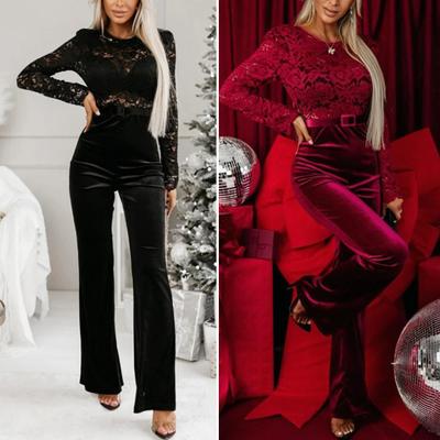 Women Jumpsuit with Belt Hollow Out Lace Flower Embroidery O Neck Long Sleeves Slim Fit Patchwork Backless Club Party One-piece Outfit