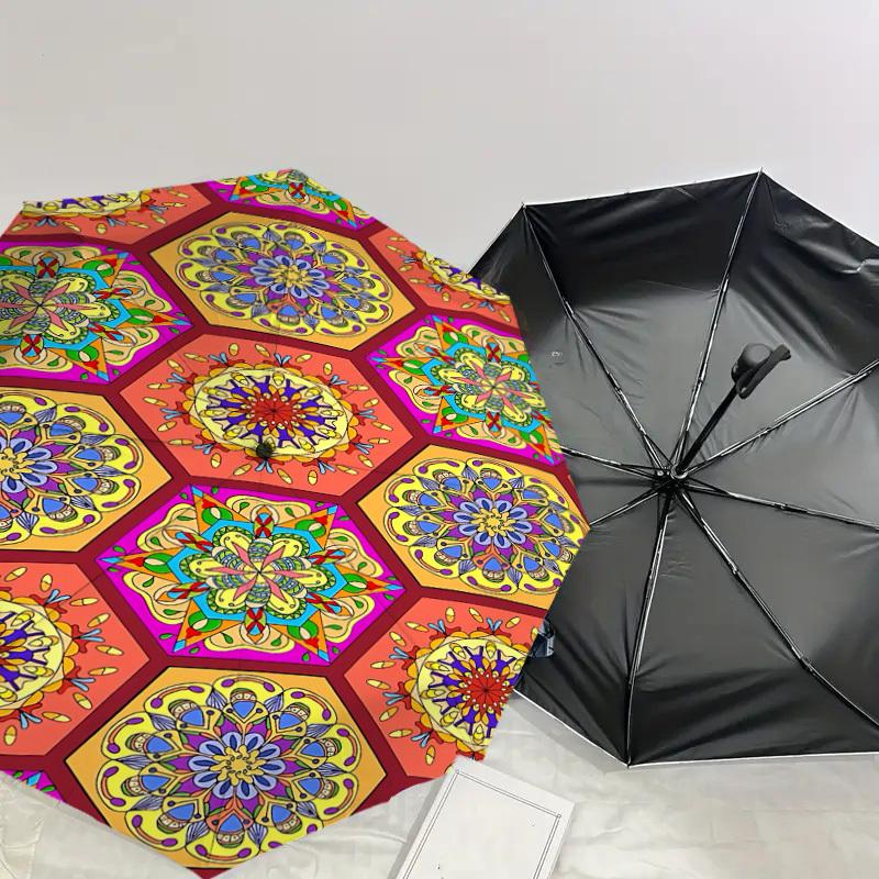1PC Mandala PatternsAutomatic Open/Close Umbrella with Windproof, 8-Rib Sturdy Canopy, Durable Ribs, Fashionable Design, Outdoor Accessory, Fun Prin,