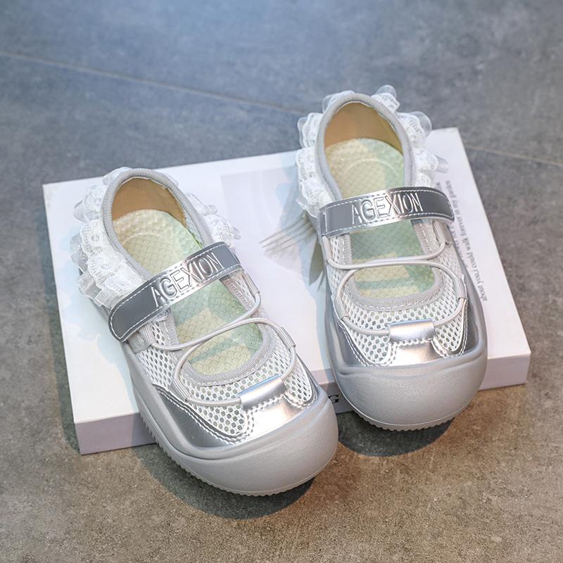 Girls Casual Shoes Toes Capped Air Mesh Breathable Kids Princess Shoes Hook&loop 2025 Summer New Children Flat Shoes Lace Sweet