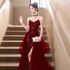 Red evening dress skirt   new feeling banquet wedding toast dress bride light luxury niche sequined banquet dress