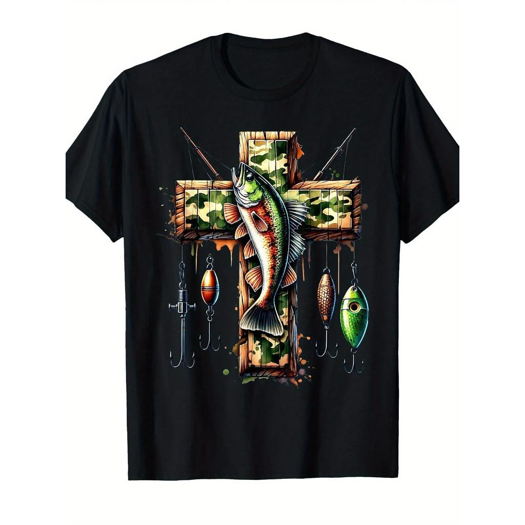 Fishing Cross Christian Camo Bass Graphic T-Shirt Men Soft Crew Neck Short Sleeve Outdoor Tee