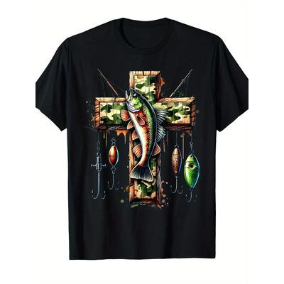 Fishing Cross Christian Camo Bass Graphic T-Shirt Men Soft Crew Neck Short Sleeve Outdoor Tee
