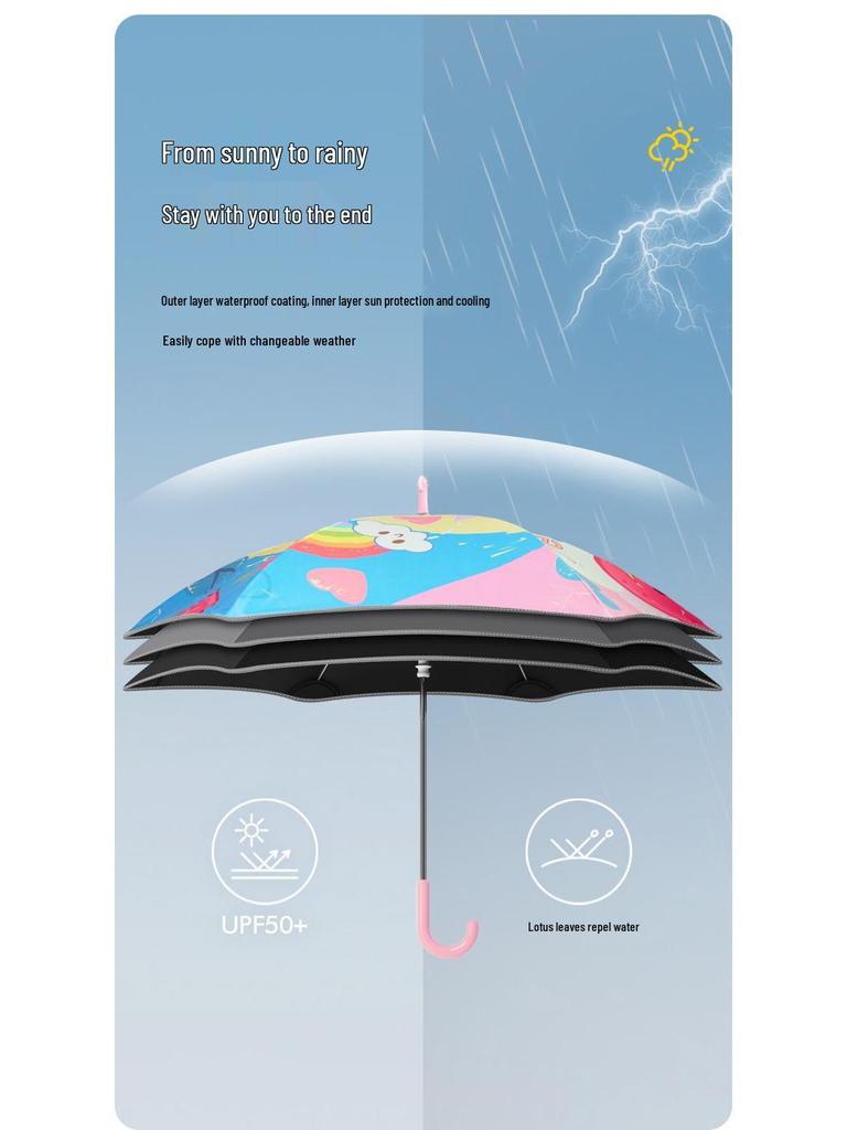 Children's Safety Cartoon Umbrella with Black Glue, Reflective Edging, and Crook Handle