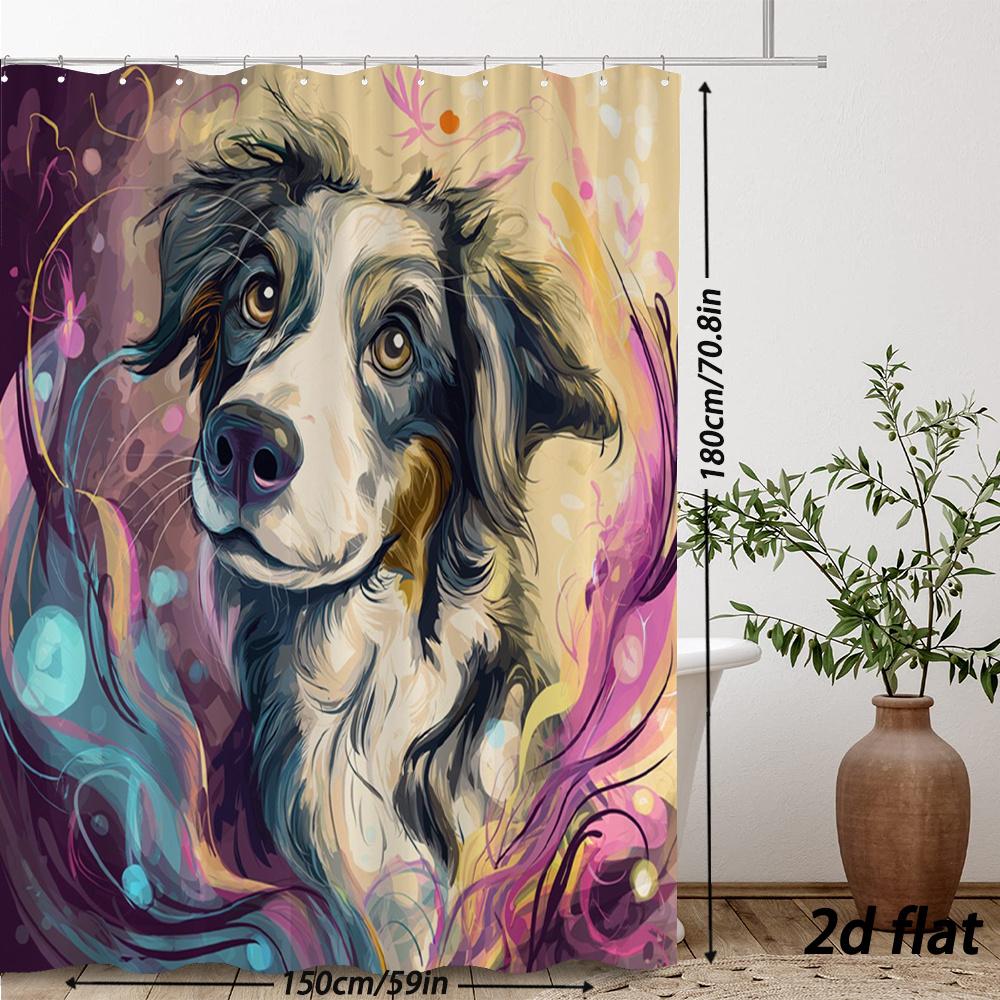 Artistic Dog Portrait Shower Curtain – Colorful Swirls, 2D Flat, 12 Hooks, 70.8×70.8 In, Polyester, Machine Washable
