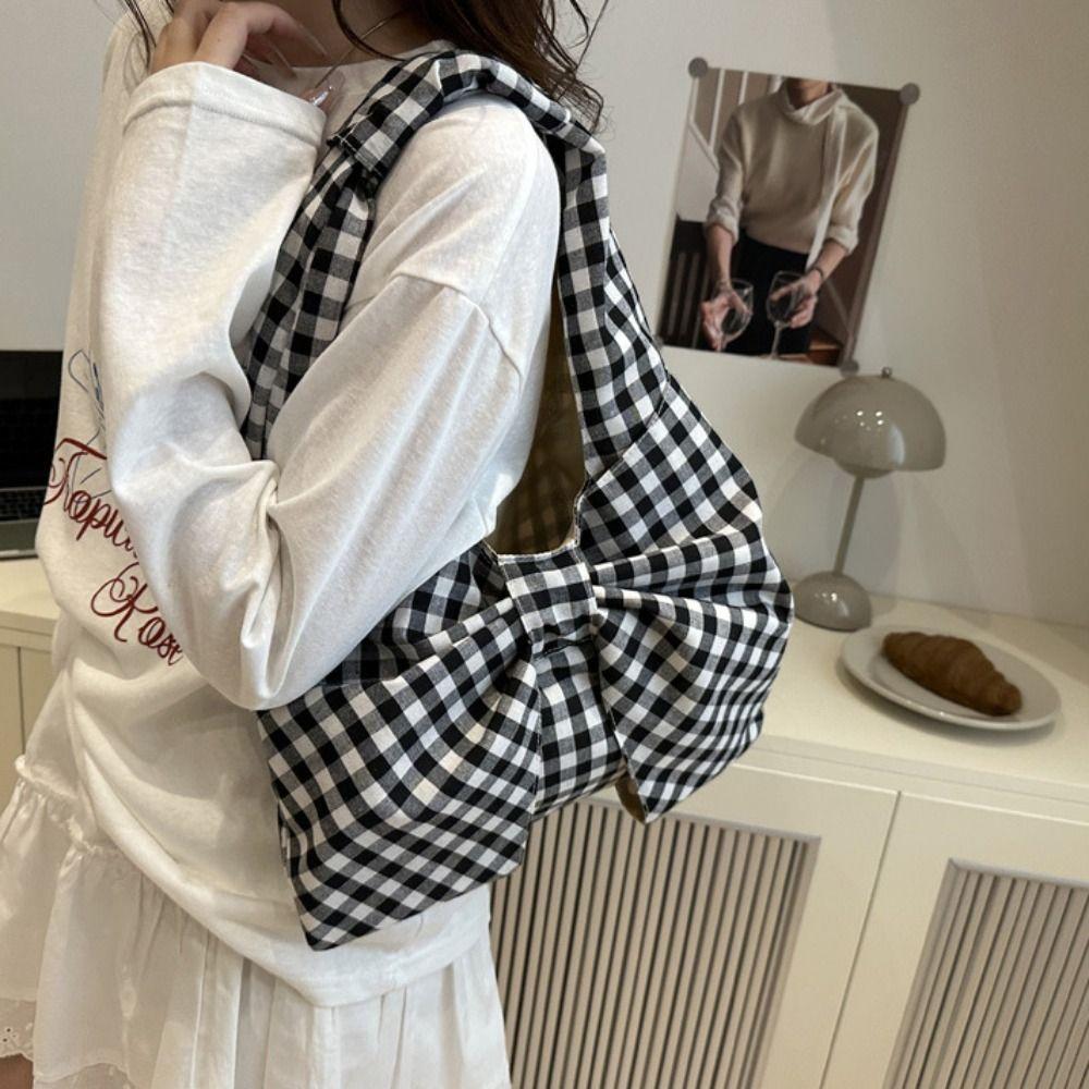 Large Capacity Bow Shoulder Bag Korean Style Plaid Tote Bag Casual Handbag  Women