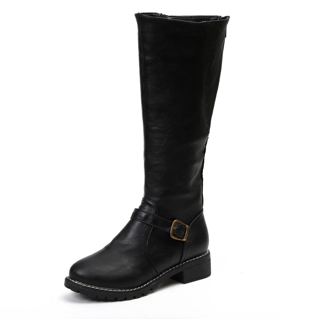 Winter European and American Large Size Belt Buckle Low Heel High Boots Side Zipper Knight Women's Boots Martin Boots