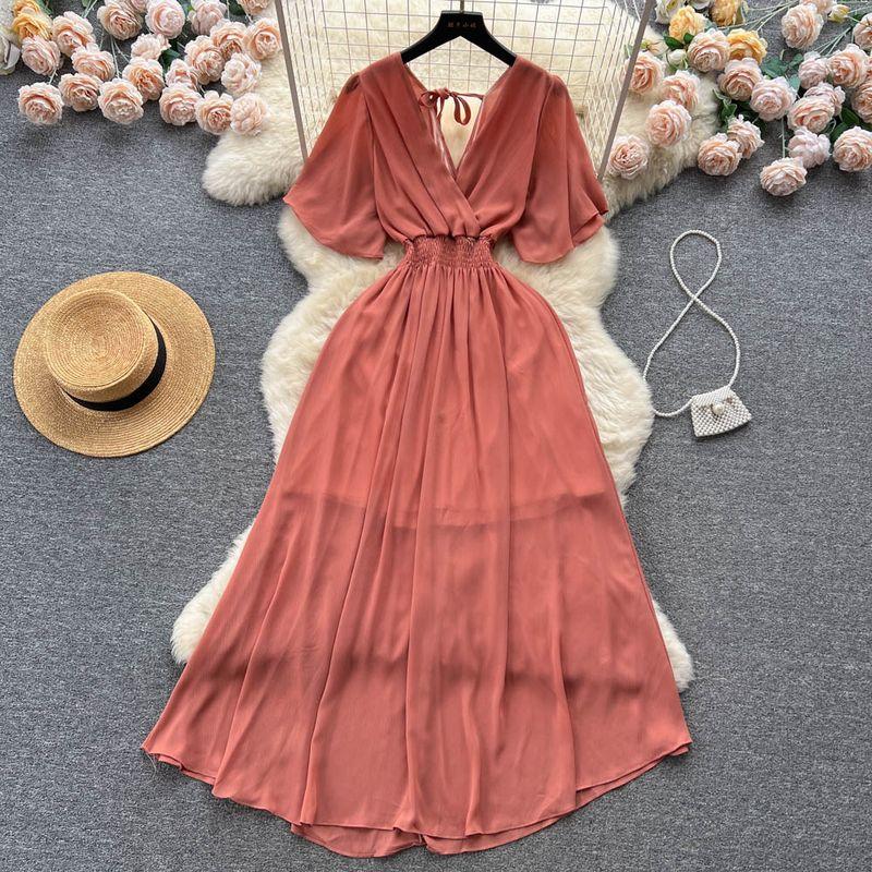 

V Neck Elastic Waist-Tightening Long Beach Chiffon Dress Orange One size