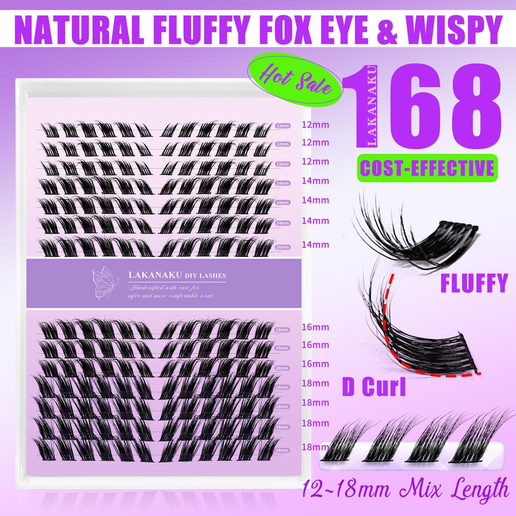 168 Clusters Fluffy Fox Eye Wispy Individual False Eyelashes - 12-18mm D Curl Segmented DIY Cluster Lashes for Natural & Dramatic Look