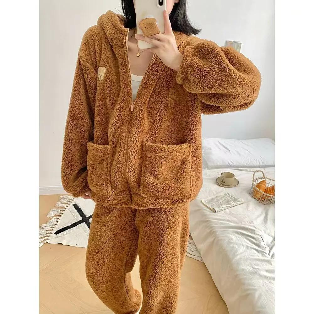 Winter Women's Suit Plus Velvet Thickened Hooded Beam Feet Casual Warmth High-value Pajamas Can Be Worn Outside At Home
