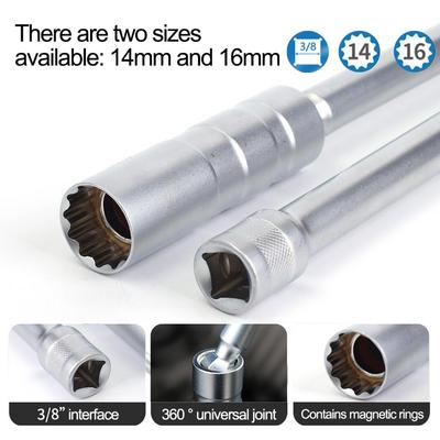 14mm 16mm Magnet Spark Plug Removal Tool Wrench Sleeve 3/8" 12-Point Swivel Candle Key 16mm Long Extension Socket Kit Tools