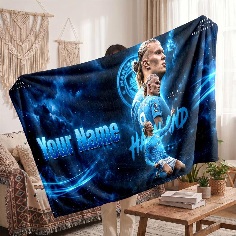 Erling Haaland Personalized Fleece Blanket With Football Logo, Custom Name Text Soft Warm Home Throw Blanket