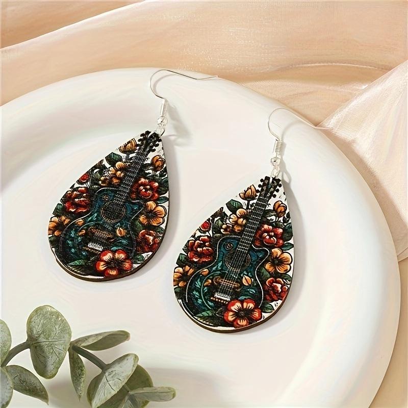 A Pair of Water Drop Print Earrings Atmospheric Retro Elegant Wooden Earrings