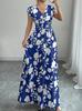 Short-sleeved dress, new printed V-neck long dress, European and American summer waist women's clothing