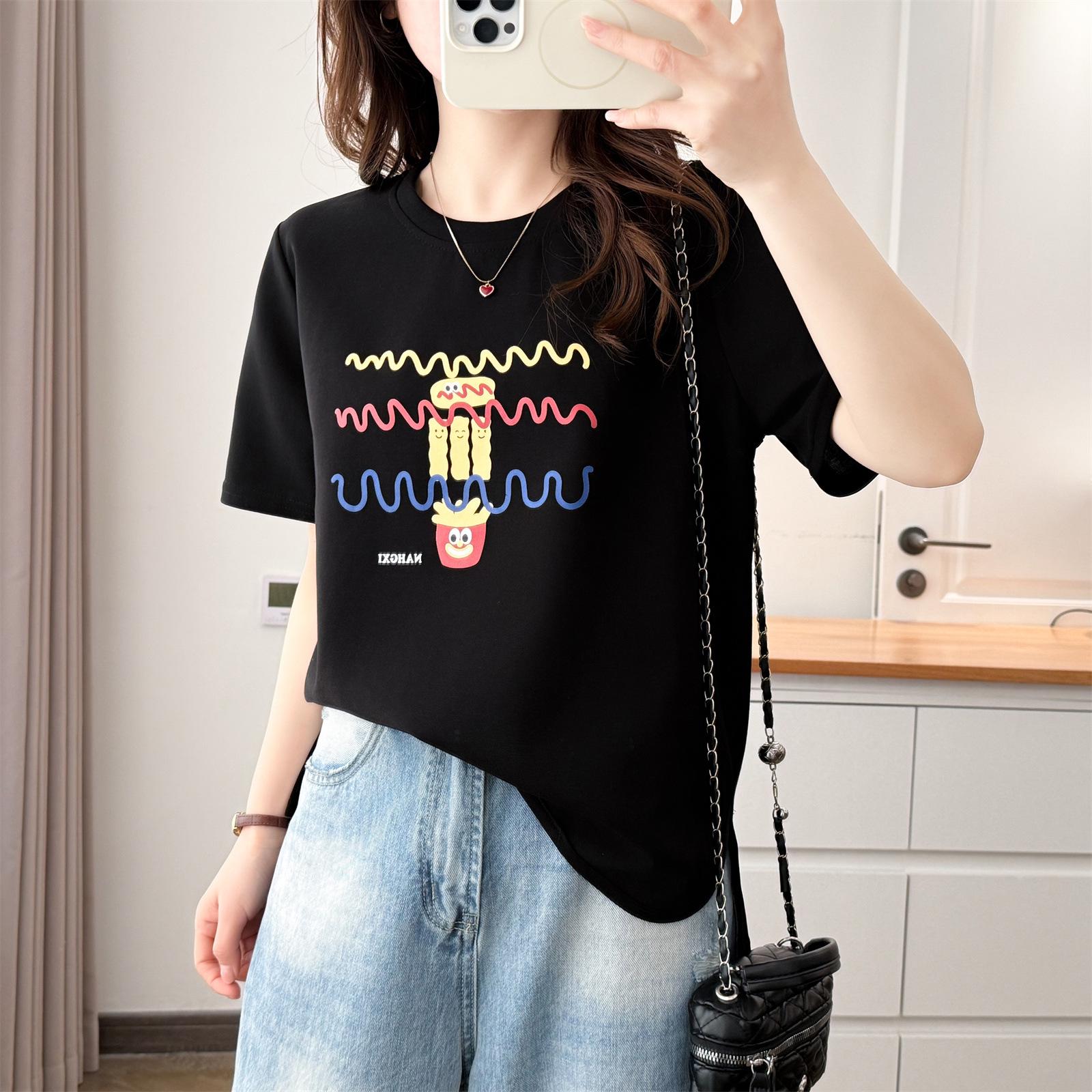 

2026 Summer Plus Size Women s Cotton T-Shirt with Cartoon Print, Round Neck, High-Low Hem, Short Sleeves - Mamba Collection 3XL чорний