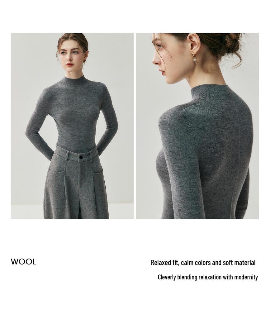 Women's Slim Fit Merino Wool Pullover Sweater - Half-High Neck, Autumn/Winter, Machine Washable