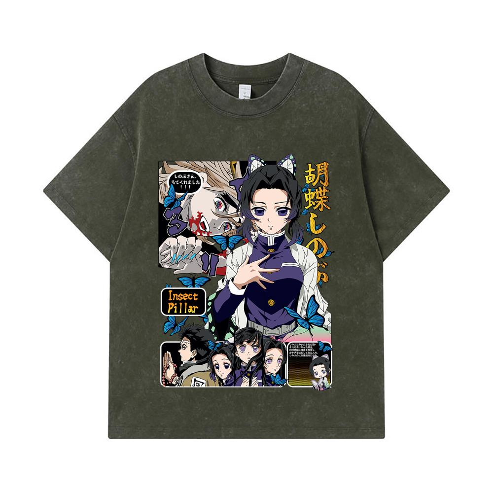 275 GSM Washed T-shirts 100% Cotton Demon Slayer V16 Shinobu Print Unisex Heavy Cotton T Shirt