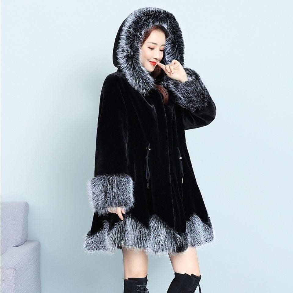 

Меховая куртка женская новая зимняя одежда талия тонкая средней длины с капюшоном пальто из искусственной норки для среднего и пожилого возраста 6XL чёрный
