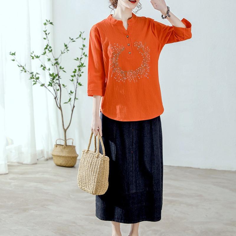 Cotton Linen Top for Summer Women's Loose Fitting Women's Clothing Slimming Linen T-shirt Chinese Style Belly Covering Blouses Shirts