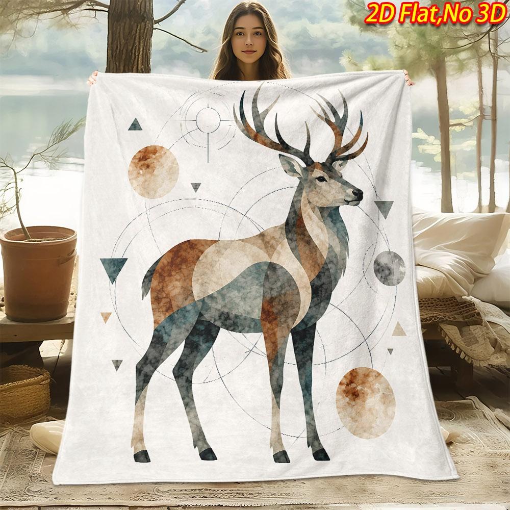 1pc 2D Flat Printing Spring & Summer New Arrival Geometric Elk Themed Digital Print Blanket, Suitable for All Seasons, Casual Throw Blanket, 100% Poly