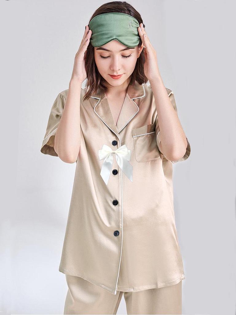 Girls' Imitation Silk Pajama Set - Short Sleeve Top & Long Pants, Lapel Design, Spring/Summer Homewear