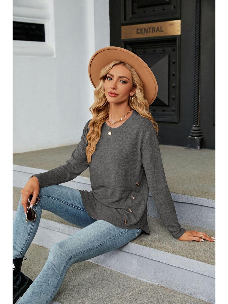 T-shirt da Donna Autunno/Inverno 2023 Girocollo Manica Lunga Ampia con Bottoni