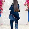 Women Plus Size Round Neck Long Sleeve Blue Printed Layered Top Long Pants Two Piece Set