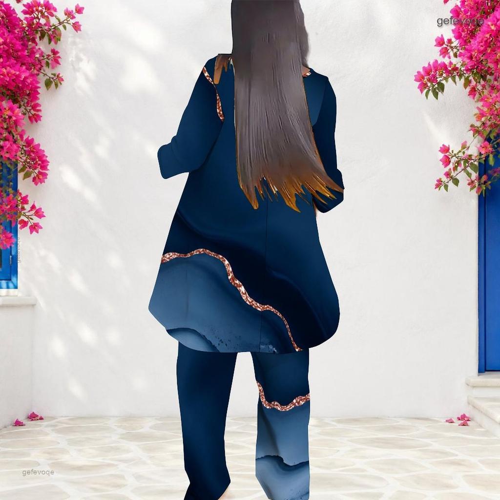 Women Plus Size Round Neck Long Sleeve Blue Printed Layered Top Long Pants Two Piece Set