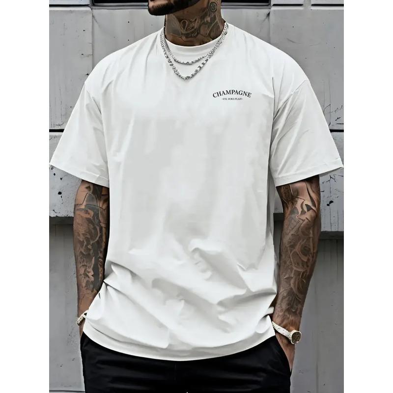 European Size 1pc Men's Oversized Drop Shoulder T-Shirt with Champagne Print - Loose Fit Short Sleeve Round Neck Tee