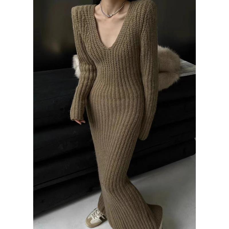 Retro High-end Long Dress Temperament Socialite Slim-fitting V-neck Knitted Sweater Skirt Women's Autumn and Winter Thin Dress
