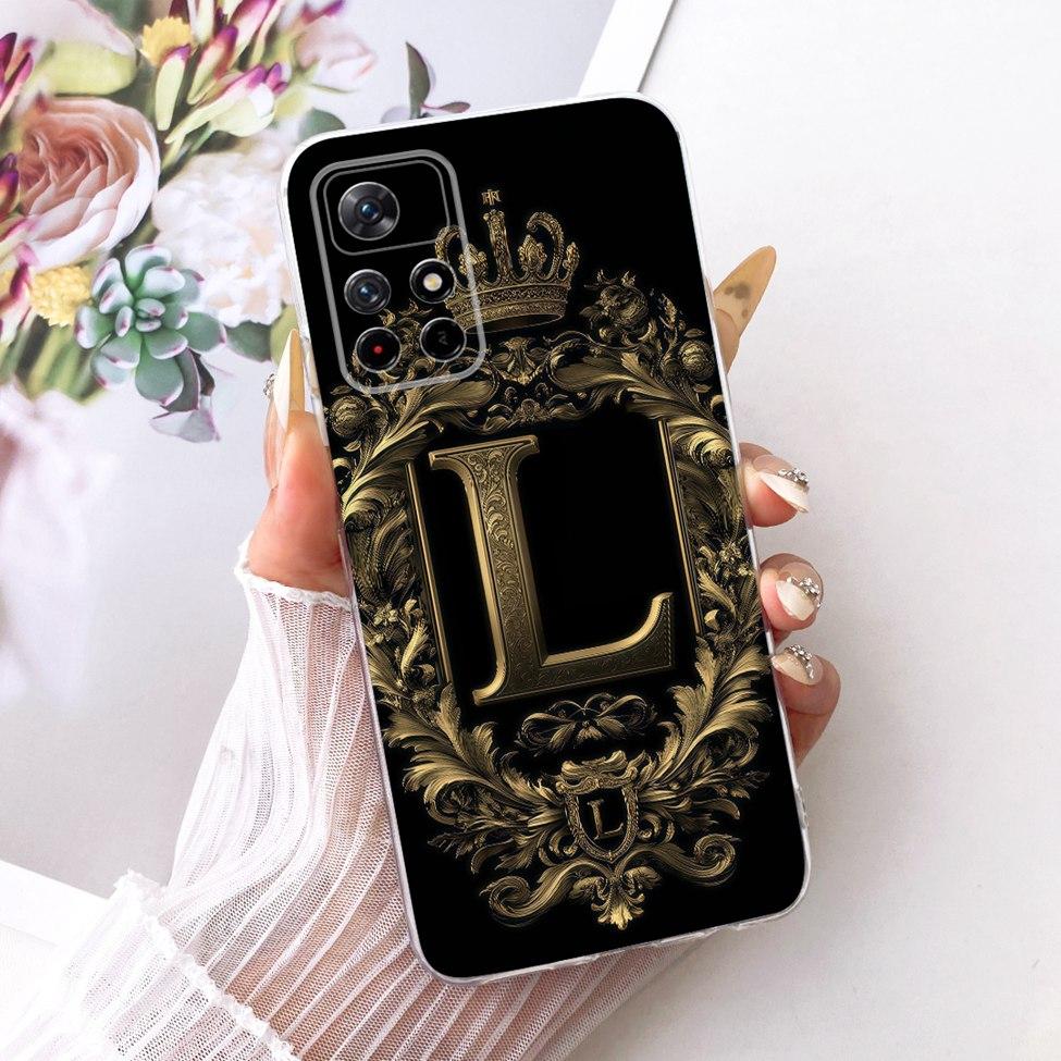 For Xiaomi Poco M4 Pro 5G Case Transparent Luxury Crown A-Z Letters 2D Flat Pattern Soft Phone Case 21091116AG MZB0BGVIN