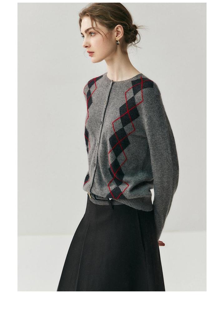 2026 Autumn/Winter Women's Cashmere Cardigan: Round Neck, Diamond Pattern, Contrast Color Knit Wool Sweater Coat