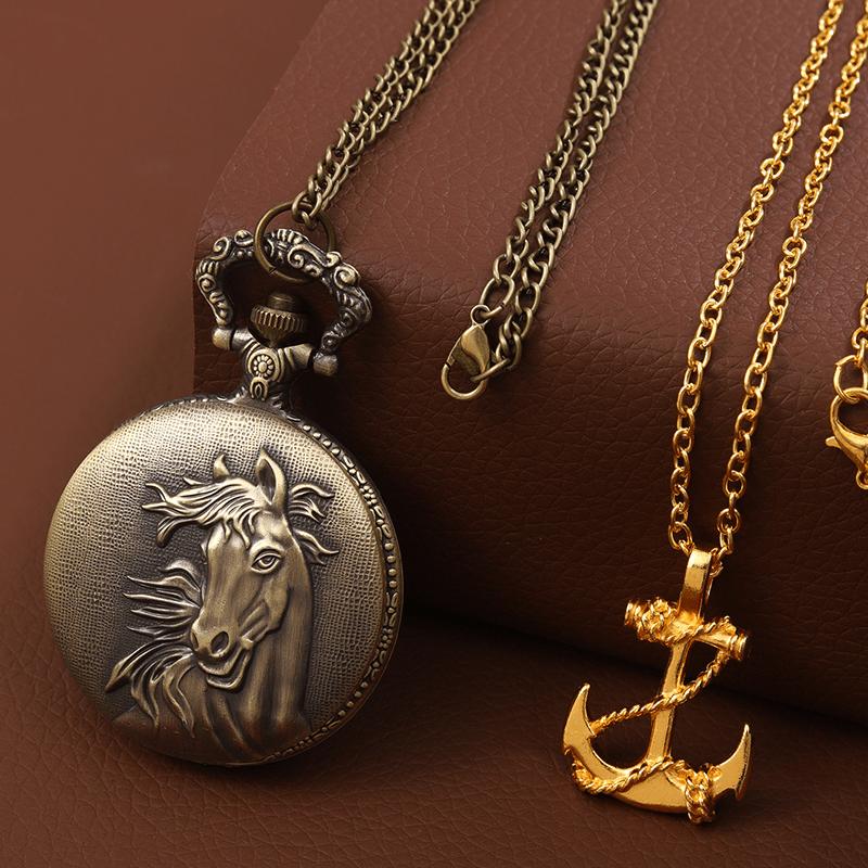 

2 шт./комплект, мужские карманные часы, 1 шт. мужские модные кварцевые карманные часы с ожерельем в виде лошади и 1 шт. повседневные классические золотые карманные часы, идеально подходят для подарков