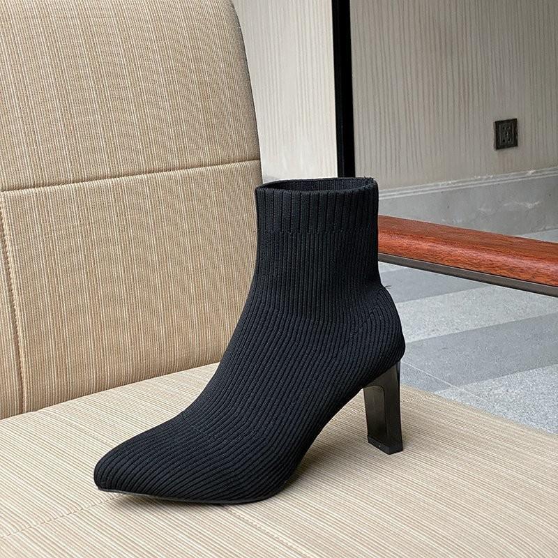 2025 Mode Damenstiefel Beige Spitzschuh Garn Elastische Stiefeletten Dicke Absätze Schuhe Herbst Winter Weibliche Sockenstiefel