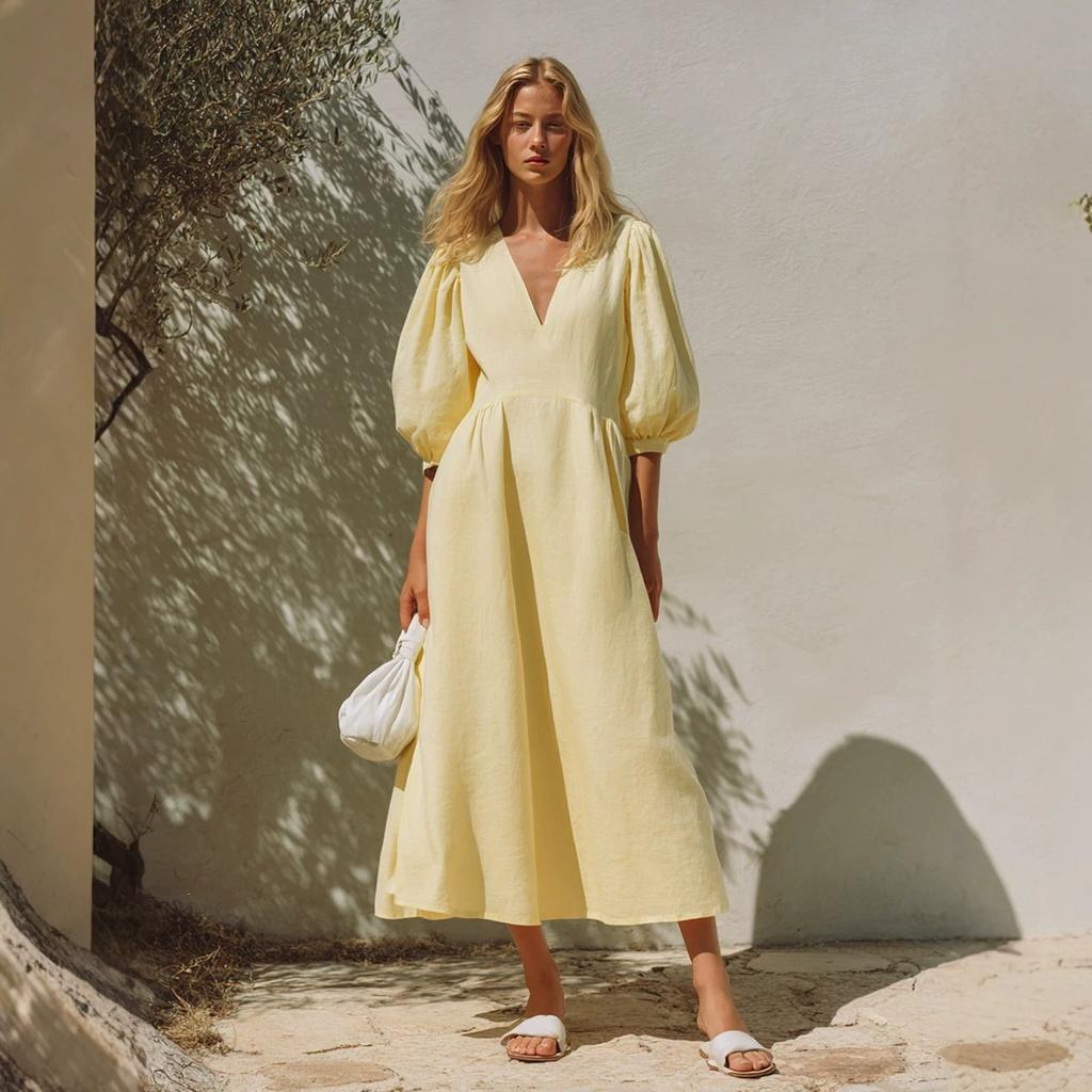 New European and American style cotton and linen dress women's V-neck bubble sleeves waist and thin holiday style medium and long A-shaped skirt