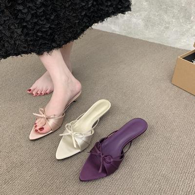 Rhinestone Mesh Pointed Head Fish Mouth High Heels Thin Heel Sexy Word Outside Wear Cool Slippers Half Drag
