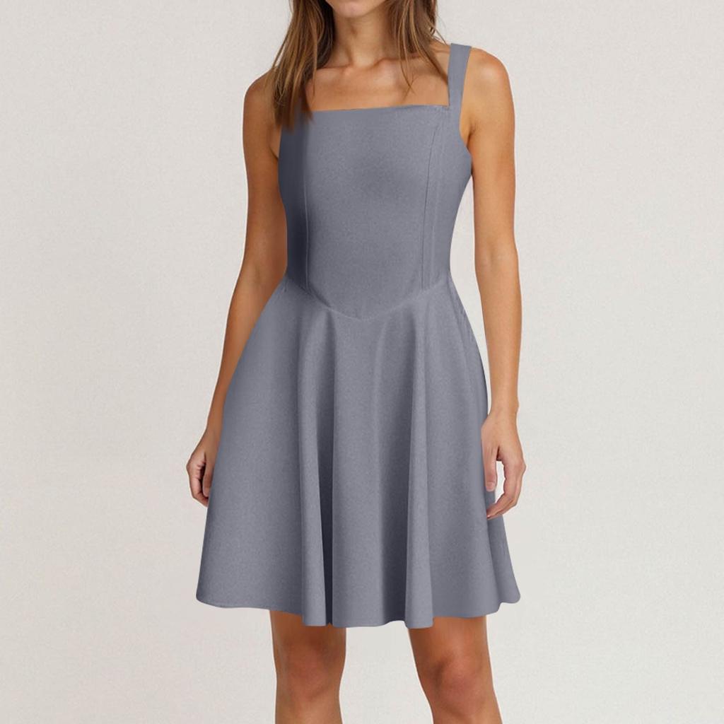 Women's Spring Summer Casual Square Neck Solid Colour Dress  Sleeveless Dresses