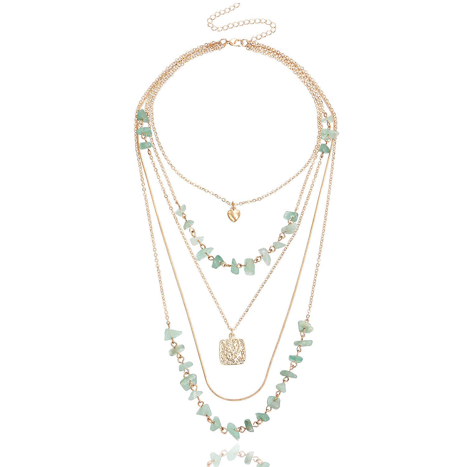 Retro Stacked Multi-layer Small Hole Chain Turquoise Square Mini Love Pendant Necklace Women золотой