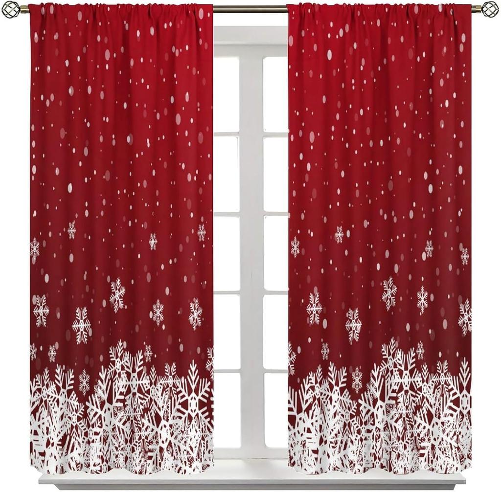 Christmas Curtains Red White Snowflakes Xmas Merry New Year Winter Holiday Party Decor Window Drapery Treatments Curtain Made Of Polyester