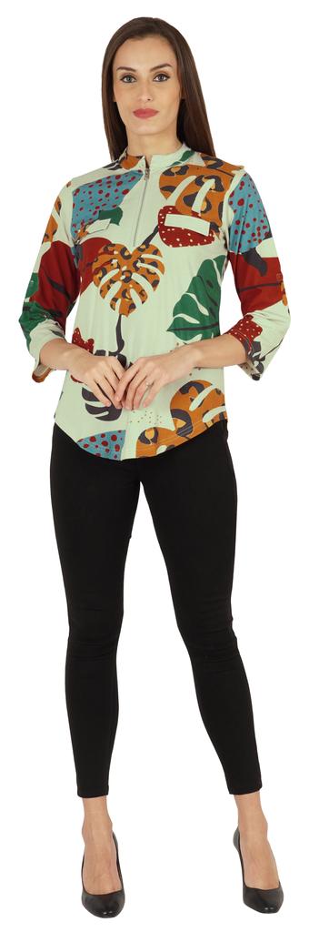 Inkmeso Fashionable Printed Casual Top For Women  s Mandarin Collar Relaxed-Fit Tunic
