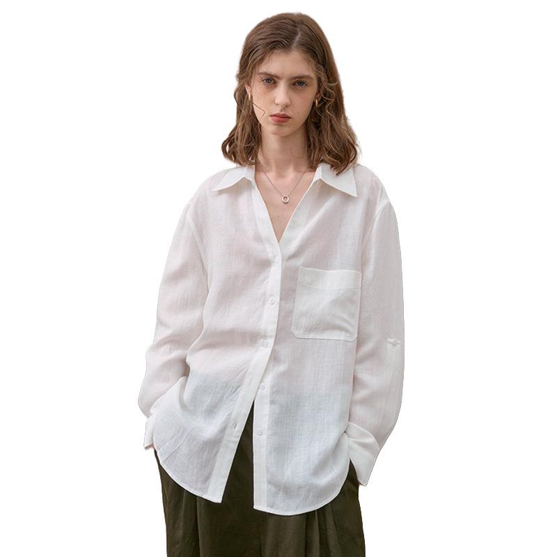 Women's Lightweight Pure Linen Long Sleeve Cardigan Shirt - Minimalist, Solid Color, Loose Fit, Summer Lapel Style