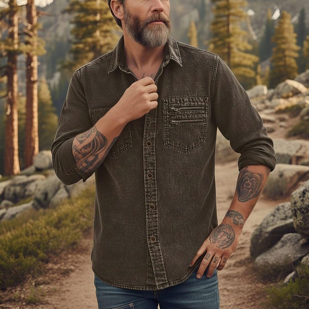 Men's Casual Workwear Denim Shirt Solid Color Washed Button Up Long Sleeve Shirt with Dual Chest Pockets