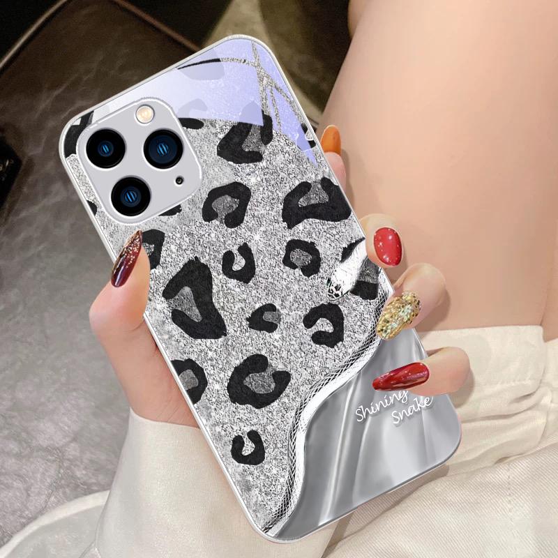 Leopard Sequin Snake For IPhone 16 Pro Max 15 Pro 14 13 12 Mini 11 XS Max XR 7 8 Plu SE 2022 Tempered Glass Phone Case