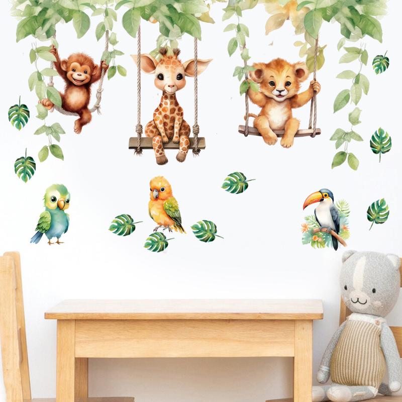 

Cartoon Funny Animals Bird Swinging Wall Stickers Kids Room Decoration Mural Art Pvc Posters Home Decals зелёный