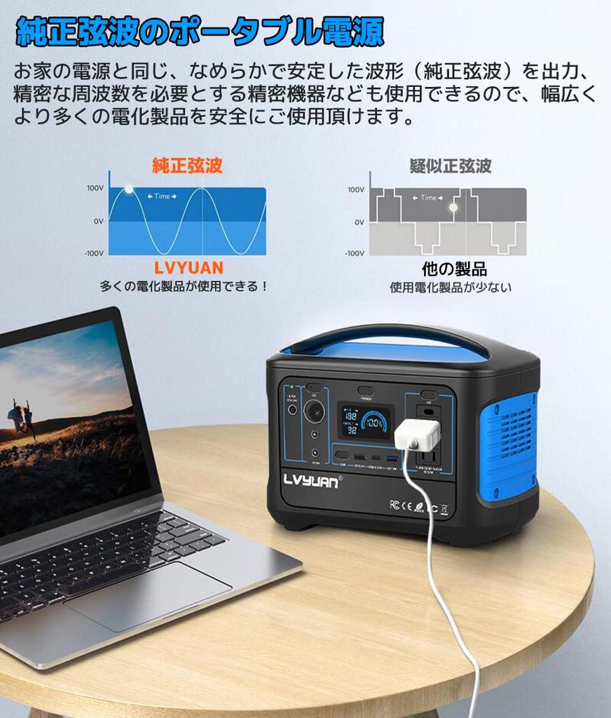 LVYUAN Portable Power Station 600W Maximum 1000W High Capacity for Car Pure Sine Wave Home Emergency Power Outdoor PSE Technical Standard Prevention