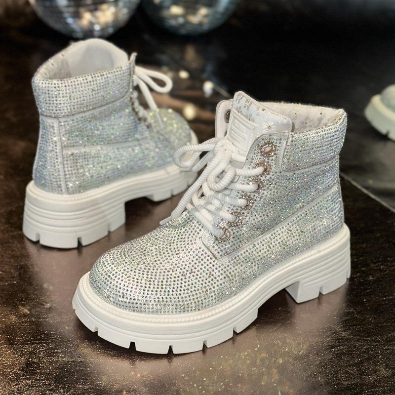 Retro Booties Fall Winter New Rhinestone Lace-up Round Toe Platform Plus Size Women's Shoes